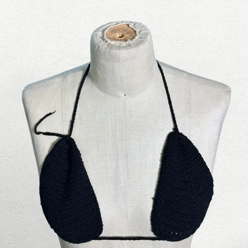 Heart of Sun Sol Triangle Bikini Top in Black Noir Crochet